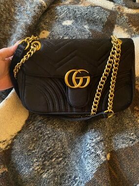Gucci Black Velvet Shoulder Bag with Gold Double G Chain